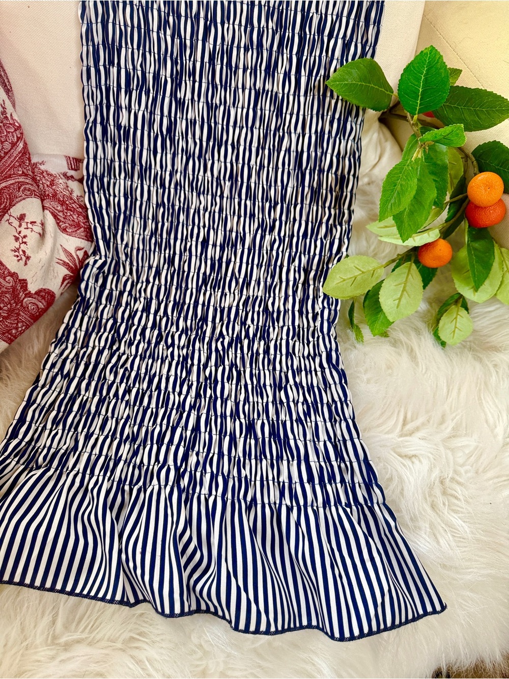 Blue and White Striped Smocked Dress - Picture 7 of 9